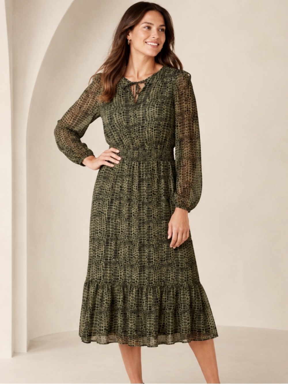 Banana Republic Olive Green Printed Midi Dress